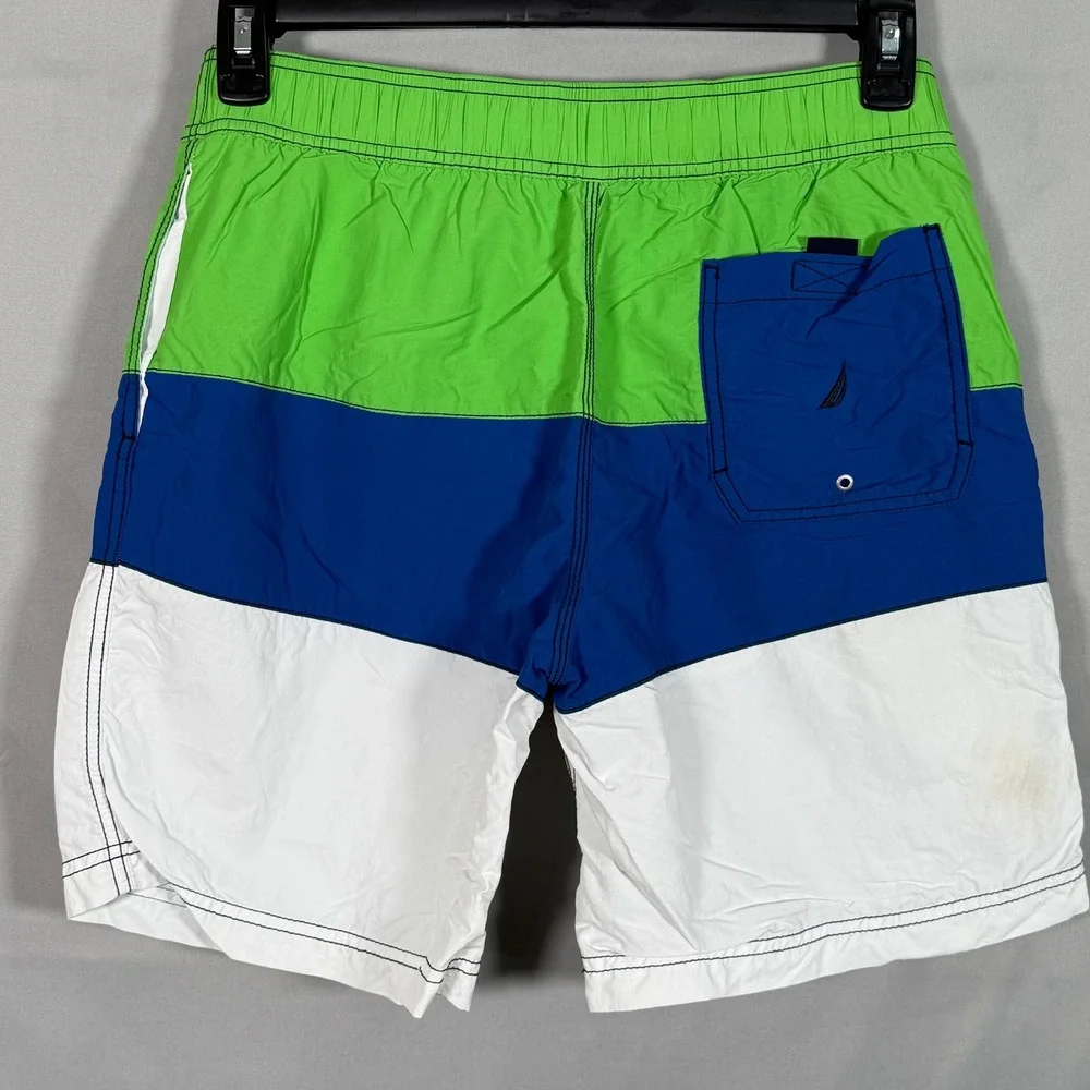 Nautica Mens Colorblock Swim Trunks‎ Green Blue White Logo Mesh Lined Medium
